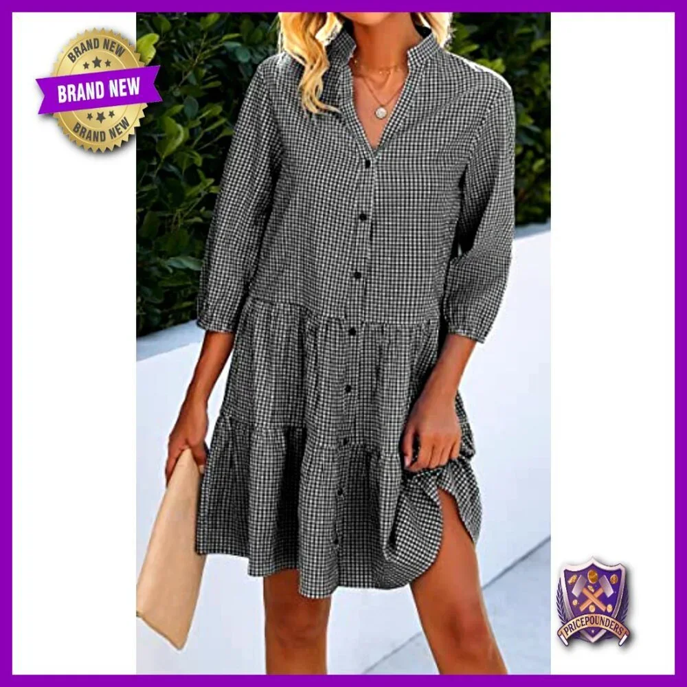 Floral Print V-Neck Button Down Shirt Dress 3/4 Sleeve Loose Fit - Picture 2 of 7